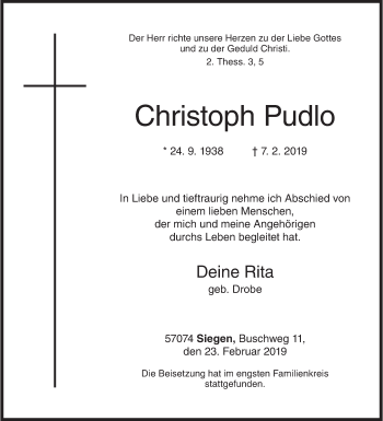 Traueranzeige von Christoph Pudlo von Siegener Zeitung
