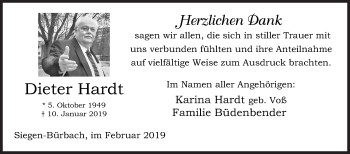 Traueranzeige von Dieter Hardt von Siegener Zeitung