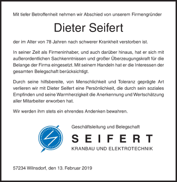 Traueranzeige von Dieter Seifert von Siegener Zeitung