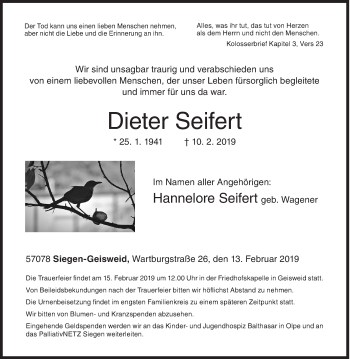 Traueranzeige von Dieter Seifert von Siegener Zeitung