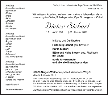 Traueranzeige von Dieter Siebert von Siegener Zeitung