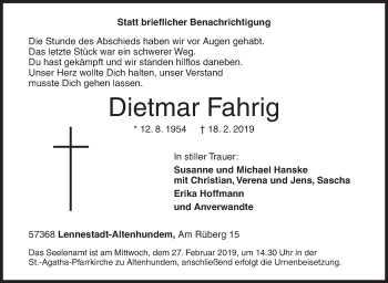 Traueranzeige von Dietmar Fahrig von Siegener Zeitung