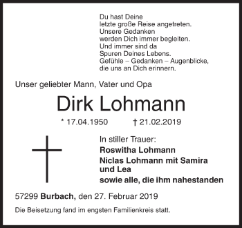 Traueranzeige von Dirk Lohmann von Siegener Zeitung