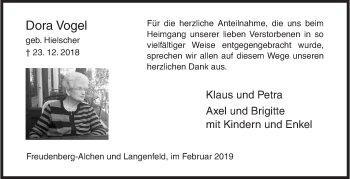 Traueranzeige von Dora Vogel von Siegener Zeitung