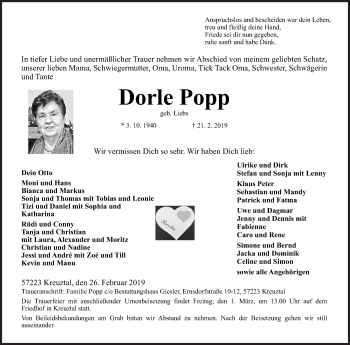 Traueranzeige von Dorle Popp von Siegener Zeitung