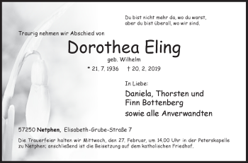 Traueranzeige von Dorothea Eling von Siegener Zeitung