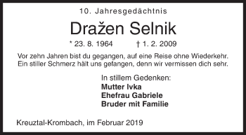 Traueranzeige von Drazen Selnik von Siegener Zeitung