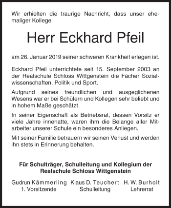 Traueranzeige von Eckhard Pfeil von Siegener Zeitung