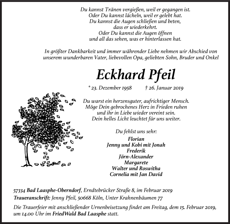  Traueranzeige für Eckhard Pfeil vom 11.02.2019 aus Siegener Zeitung