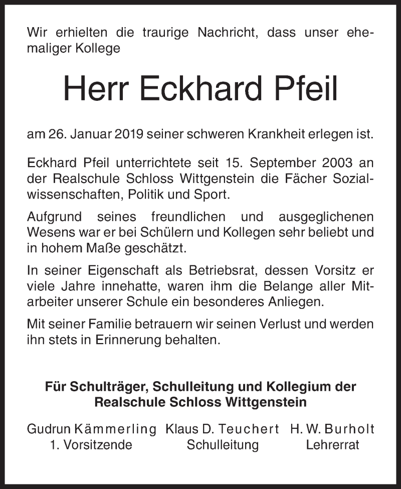  Traueranzeige für Eckhard Pfeil vom 11.02.2019 aus Siegener Zeitung