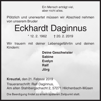 Traueranzeige von Eckhardt Daginnus von Siegener Zeitung