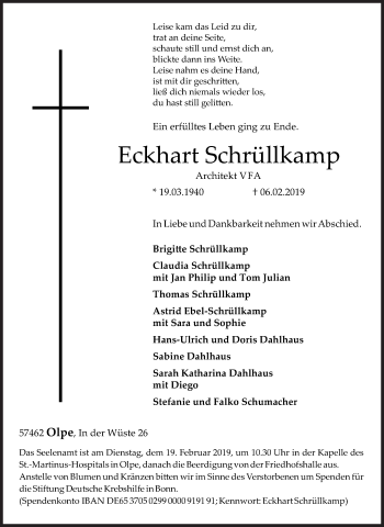 Traueranzeige von Eckhart Schrüllkamp von Siegener Zeitung