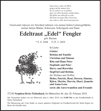 Traueranzeige von Edeltraut Fengler von Siegener Zeitung