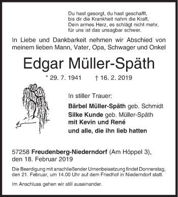 Traueranzeige von Edgar Müller-Späth von Siegener Zeitung