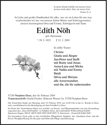 Traueranzeige von Edith Nöh von Siegener Zeitung