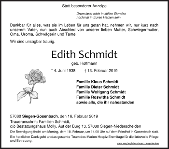 Traueranzeige von Edith Schmidt von Siegener Zeitung