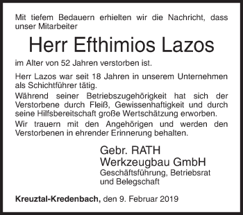 Traueranzeige von Efthimios Lazos von Siegener Zeitung