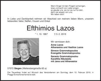 Traueranzeige von Efthimios Lazos von Siegener Zeitung