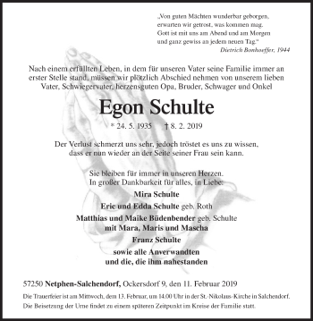 Traueranzeige von Egon Schulte von Siegener Zeitung