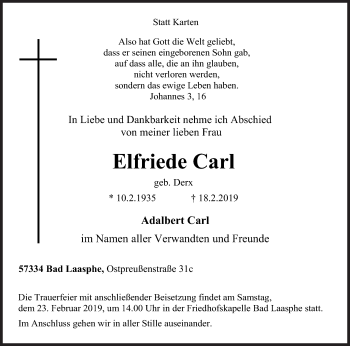 Traueranzeige von Elfriede Carl von Siegener Zeitung