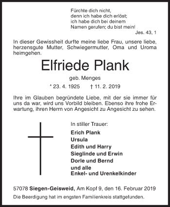 Traueranzeige von Elfriede Plank von Siegener Zeitung