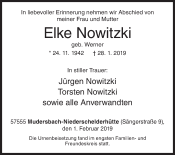Traueranzeige von Elke Nowitzki von Siegener Zeitung