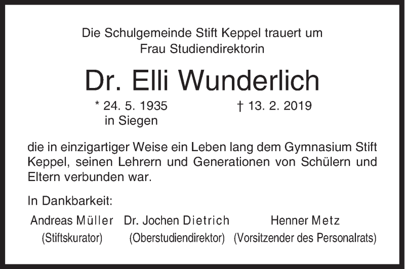  Traueranzeige für Elli Wunderlich vom 16.02.2019 aus Siegener Zeitung