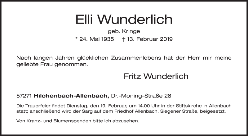  Traueranzeige für Elli Wunderlich vom 16.02.2019 aus Siegener Zeitung