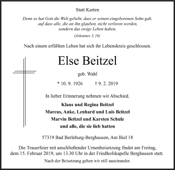 Traueranzeige von Else Beitzel von Siegener Zeitung