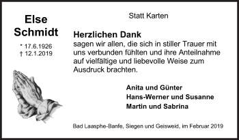 Traueranzeige von Else Schmidt von Siegener Zeitung
