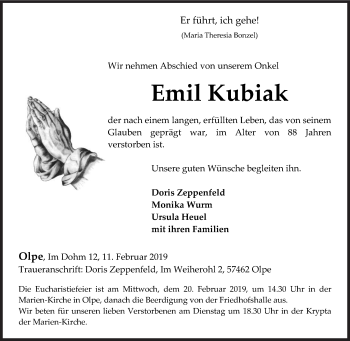 Traueranzeige von Emil Kubiak von Siegener Zeitung