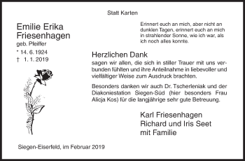 Traueranzeige von Emilie Erika Friesenhagen von Siegener Zeitung