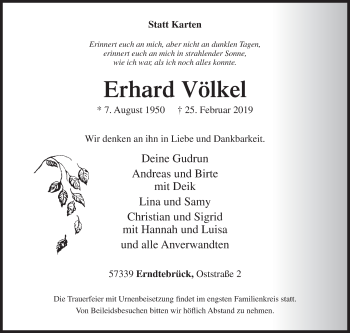 Traueranzeige von Erhard Völkel von Siegener Zeitung