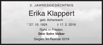 Traueranzeige von Erika Klappert von Siegener Zeitung