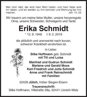 Traueranzeige von Erika Schmidt von Siegener Zeitung