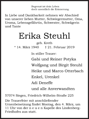 Traueranzeige von Erika Steuhl von Siegener Zeitung