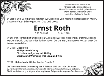 Traueranzeige von Ernst Roth von Siegener Zeitung