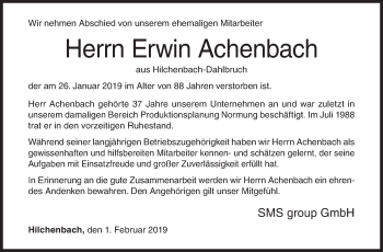 Traueranzeige von Erwin Achenbach von Siegener Zeitung