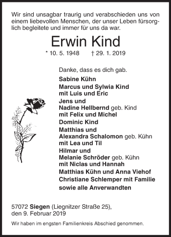 Traueranzeige von Erwin Kind von Siegener Zeitung