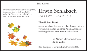 Traueranzeige von Erwin Schlabach von Siegener Zeitung