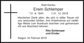 Traueranzeige von Erwin Schlemper von Siegener Zeitung
