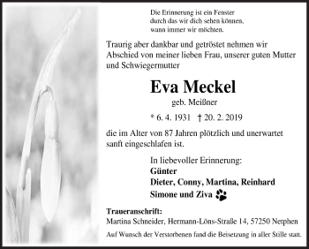 Traueranzeige von Eva Meckel von Siegener Zeitung