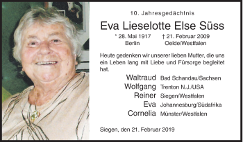 Traueranzeige von Eva Lieselotte Else Süss von Siegener Zeitung