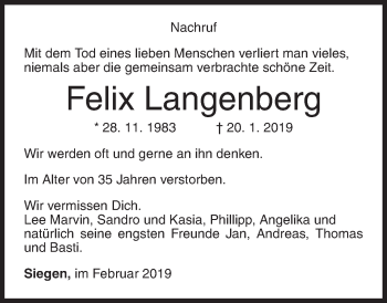 Traueranzeige von Felix Langenberg von Siegener Zeitung
