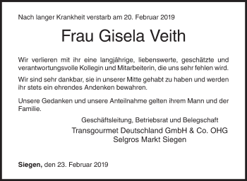 Traueranzeige von Fisela Veith von Siegener Zeitung