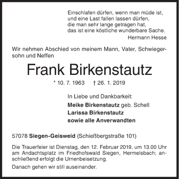 Traueranzeige von Frank Birkenstautz von Siegener Zeitung