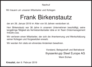 Traueranzeige von Frank Birkenstautz von Siegener Zeitung