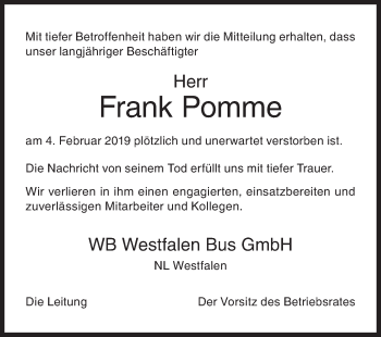 Traueranzeige von Frank Pomme von Siegener Zeitung