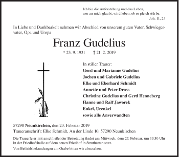 Traueranzeige von Franz Gudelius von Siegener Zeitung
