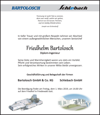 Traueranzeige von Friedhelm Bartolosch von Siegener Zeitung